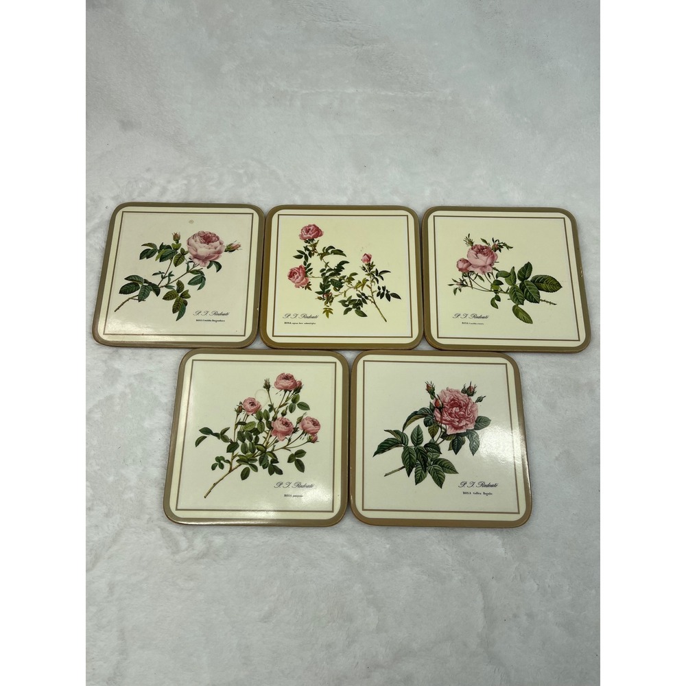 Vintage Pimpernel Redoute Rose Coasters Set of 5 Cork Backed England Floral